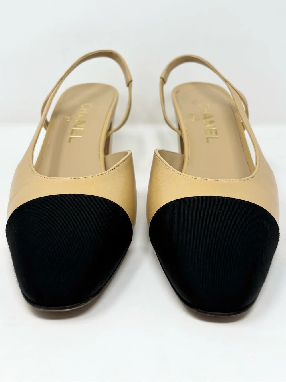 Chanel Two-Tone Goatskin & Grosgrain CC Slingback Pumps Beige Black 38.5